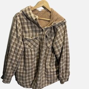 Asvivid Plaid Hooded Shacket Sherpa Lined Jacket Brown Tan Checkered XL